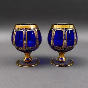 Moser Cabochon Cobalt Blue Gold Enamel Crystal Brandy Snifter Glasses Set Of 2 - Picture 1 of 8