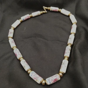 Halskette Antik Rose Porzellan Perlen handbemalt Blumenmuster Vintage 20 Zoll lang BOHO - Bild 1 von 6