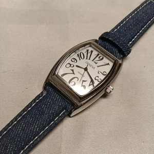 Vtg. Geneva Quartz Denim Strap Unisex Tonneau/ Tank Watch 32mm - Picture 1 of 13