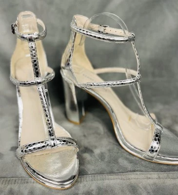 Kenneth Cole New York Heels Deandra Silver Strappy Chunk Stilettos, Size 10M - Image 1 of 4