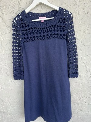 Vestido Lilly Pulitzer Kariana Crochet Suave Lana Merino Tejido Abierto AZUL MARINO Talla XS Foto 1 de 4