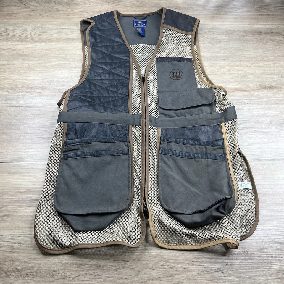 Beretta Shooting Vest Mens Large   Mesh Leather Brown Clays Shell Pocket Fish - Image 1 of 4