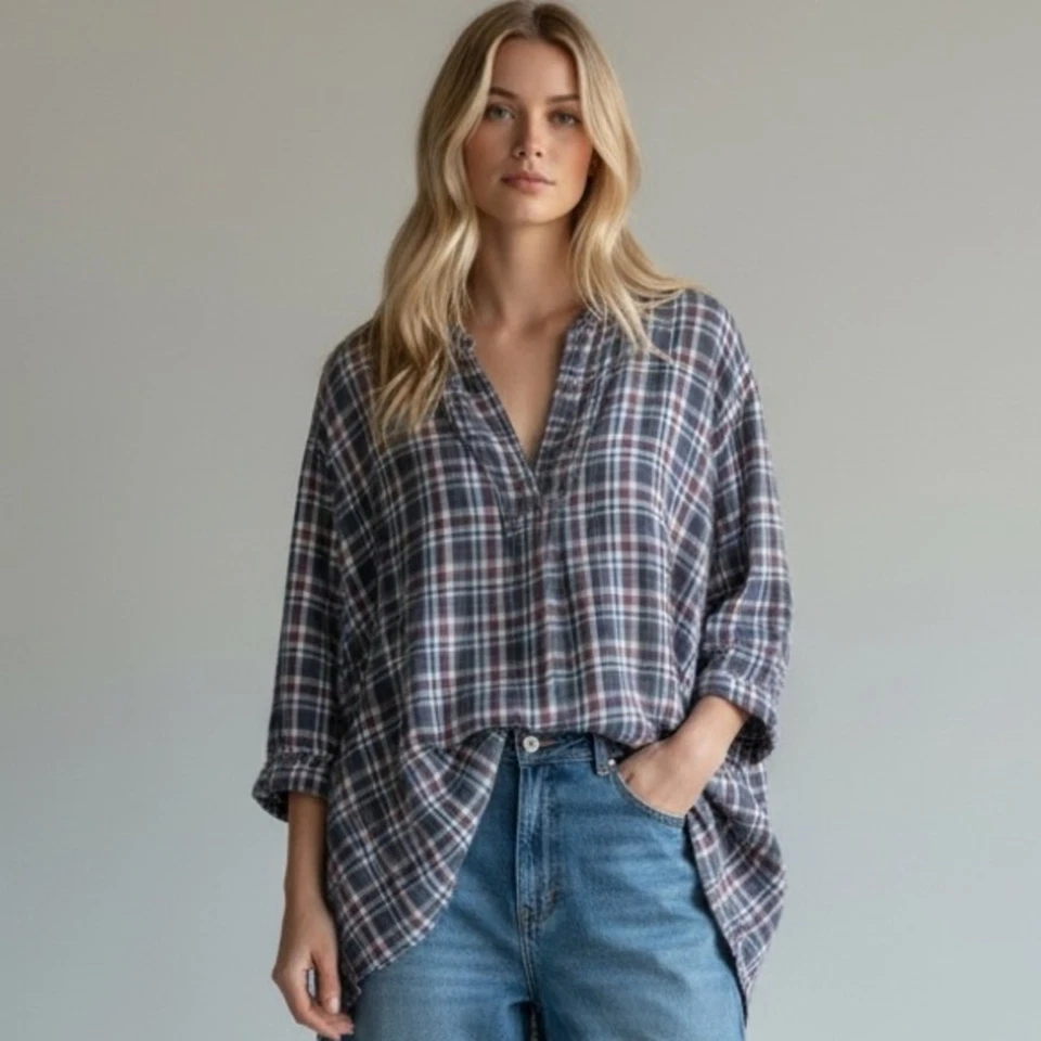 Top túnica CP Shades XL Dakota doble gasa algodón gris a cuadros manga larga Foto 1 de 4