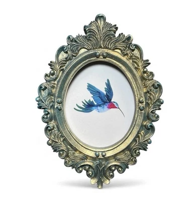 Hummingbird watercolor mini print in vintage style ornate frame - Image 1 of 2
