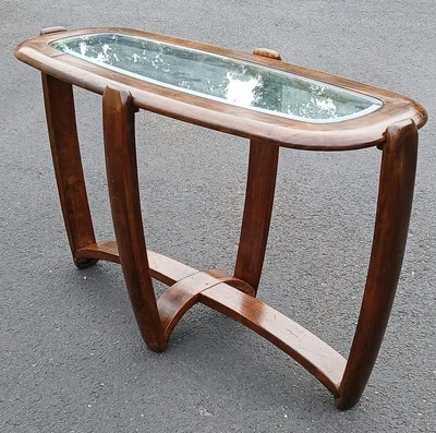 Oval Mahogany Mid Century Modern Console Sofa Table w/ Smoked Beveled Glass MCM - Image 1 of 4