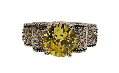 Желтый кубический цирконий камень кольцо с поднятой завиток установка w'прозрачные камни размер 8 - Изображение 1 из 4