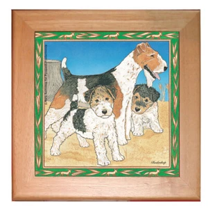 Fox Terrier Wire Dog Kitchen Ceramic Trivet Framed in Pine 8" x 8" - Picture 1 of 1
