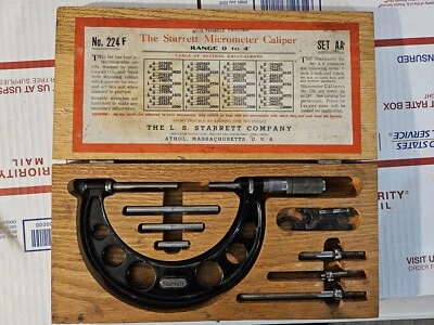 Vintage Starrett Micrometer Caliper No. 224 F Set AA Range 0 to 4"   - Image 1 of 4