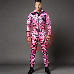 MEN'S GENUINE PINK BLACK WHITE CAMOUFLAGE LEATHER OVERALL BODYSUIT JUMPSUIT - Picture 1 of 3