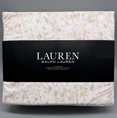 4pc Ralph Lauren Abstract Floral FULL Sheet Set Pink Gray Beige Watercolor - Image 1 of 4