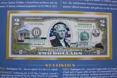 WASHINGTON,D.C. - U.S COLORIZED $2 BANK NOTE UNCIRCULATED BILL - Image 1 of 4