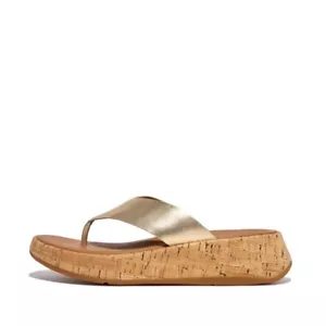 FitFlop F-Mode FT7-675 Slide Sandal Women Platino Leather Cork Flatform Toe-Post - Picture 1 of 35