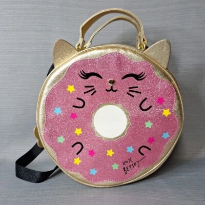 Betsey Johnson Donut w Cat Face Gold & Pink Sparkly Insulated Crossbody Bag - Image 1 of 4