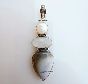 Dendrite Opal With Pearl Silver Plated Handmade Pendent, Large 2.6″ Inch Pendent - Picture 1 of 4