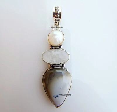 Dendrite Opal With Pearl Silver Plated Handmade Pendent, Large 2.6″ Inch Pendent - Image 1 of 4
