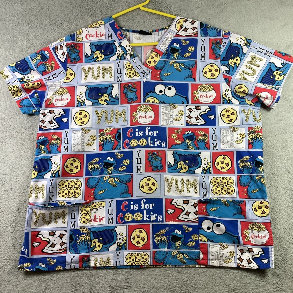 Vtg Sesame Street Scrub Shirt Adult 2XL? (no tag) Cookie Monster 2005 Graphic - Image 1 of 4