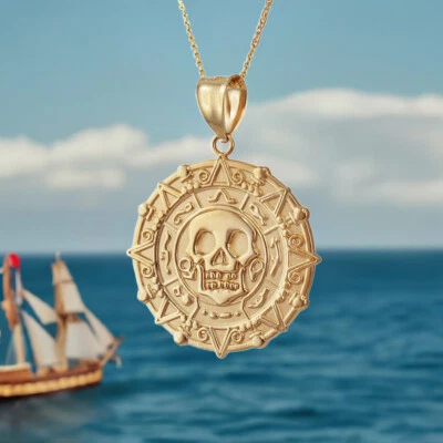 Gold Aztec Coin Caribbean Pirates Skull Pendant Necklace - Image 1 of 4