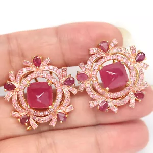 Gmestone 10 X 10 mm. Red Ruby & Pink Sapphire Earrings 925 Silver Sterling - Picture 1 of 4