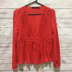 SPORTSGIRL Top Shirt Boho Peasant Red Swiss Dot V Neck Long Sleeve Size 10 - Picture 1 of 6