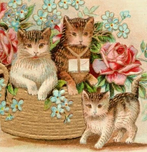 c1910 New Year's Kittens, flowers, basket, vintage postcard embossed cute - Picture 1 of 3