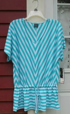 Faded Glory NWT Blue/White Short Sleeved V Neck Polyester/Rayon Blouse Medium - Image 1 of 4