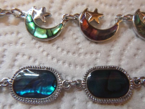 Two Vintage Souvenir Abalone Crescent Moon & Stars Bracelets Silver Tone Cover