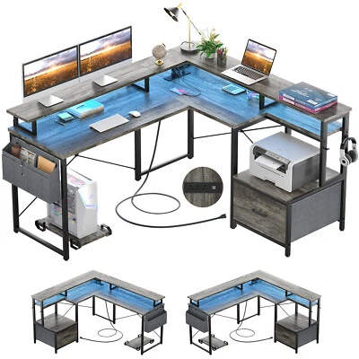 Escritorio de computadora en forma de L con cajón de archivos y estantes, escritorio de juegos con LED y tomas de corriente Foto 1 de 4