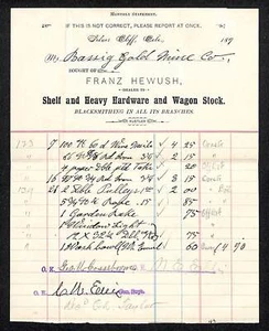 c1899 Franz Hewush Hardware Wagon Silver Cliff Bassick Gold Mining Co. Billhead - Foto 1 di 2