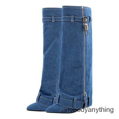 Botas femininas salto cunha biqueira pontiaguda denim coxa alta dobrável botas desleixadas - Imagem 1 de 4