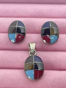 Vintage 925 Sterling Ohrringe & Anhänger Set 6 Edelsteine Mexico Türkis Tigerauge - Bild 1 von 15