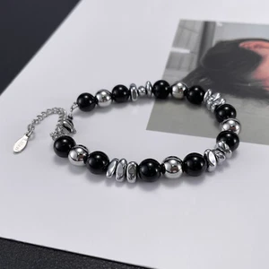 Women Men Charm Stone Strand Bracelet Stainless Steel Link Chain Bangle Beaded - Picture 1 of 24