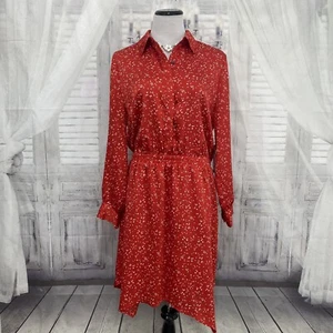 Vince Camuto Large Red White Long Sleeve Collar Dress Shirt Dress Asymmetric B20 - Picture 1 of 16