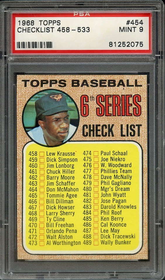 1968 TOPPS 454 CHECKLIST 458-533 PSA MINT 9 NO NECK CHAIN  - Image 1 of 1