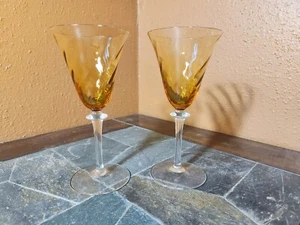 F. Schmidt GARDA AMBER (Swirl Optic) Wine Goblets Glasses 7 1/8" Set of 2 - Picture 1 of 5
