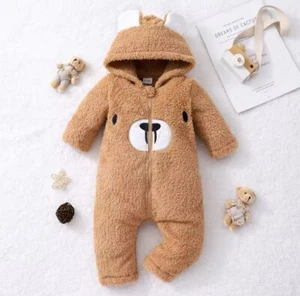 Baby Boys Girls Winter Plush Hooded Jumpsuit Long Sleeve Zip-Up Romper Warm Outf - Picture 1 of 7