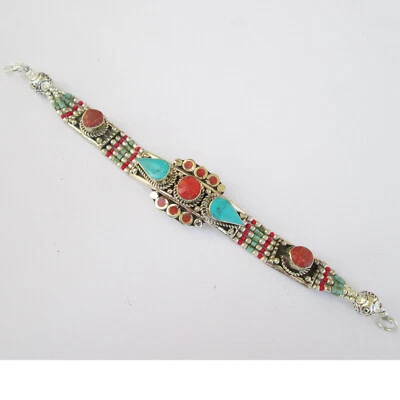 Turquoise Coral Ethnic Bracelet Statement With Gemstones Himalayan Jewelry B116 - Image 1 of 4