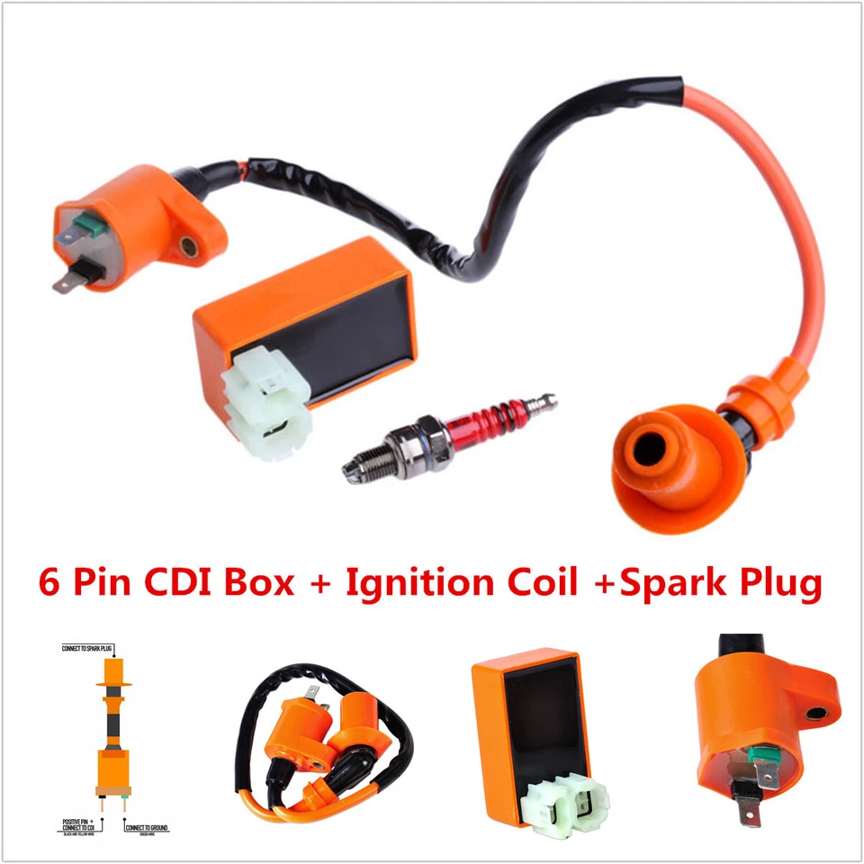 Alto rendimiento 6 pines CDI + bobina de encendido + bujía para GY6 50-150cc scooter ATV Foto 1 de 4