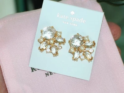 Kate Spade Gold CHANTILLY GEMS Clear Crystal Faux Pearl Stud Earrings lace - Image 1 of 4