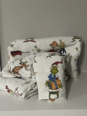 Juego completo de sábanas Pottery Barn Kids Dr Suess The Grinch franela vacaciones de Navidad Foto 1 de 4