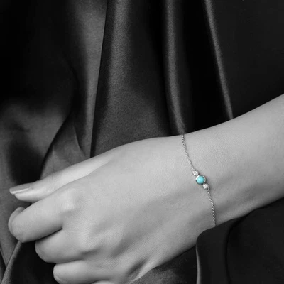 950 Platinum Natural Diamond Turquoise Gemstone Chain Bracelet Gift For Her - Image 1 of 4