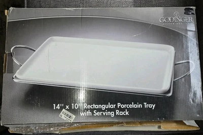 Godinger Rectangular White Porcelain Tray w/ Silver Plate Serving Rack 14 x 10 - Image 1 of 4