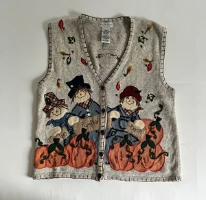Vintage White Stag Halloween Sweater Vest M Novelty Pumpkin Patch Fall Scarecrow - Picture 1 of 7