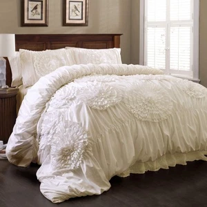 Serena Comforter Set, 3 Piece Set, King, Ivory - Ruched Ruffled Flower Design... - Picture 1 of 6