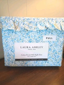 Laura Ashley Full Sheet Set Leona Flower 4pc Ruffle Hem Blue Cottagecore Cotton - Picture 1 of 5