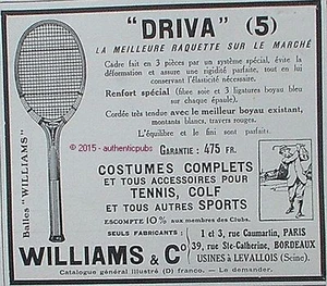 PUBLICITE WILLIAMS & C° RAQUETTE DE TENNIS DRIVA 5 GOLF BALLES DE 1928 FRENCH AD - Picture 1 of 1