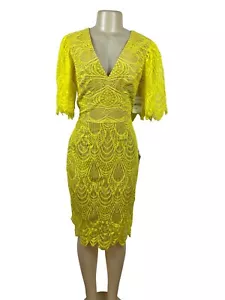 Dress the Population Womens Yellow Lace Midi Dress With Flutter Sleeves Sz L - Picture 1 of 11