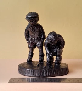 Vintage Memories Black Resin Sculpture Figurine - Boys Playing Marbles - TEL - Picture 1 of 16