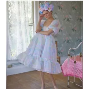 NWT Selkie Sweetcorn French Puff Dress Pink Blue Yellow Pastel Floral S Midi - Picture 1 of 12