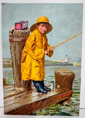 Vtg 1901 Nabisco Uneeda Advertising Ad Art Trade Card Boy Fishing In Rain 10X7 - Image 1 of 4