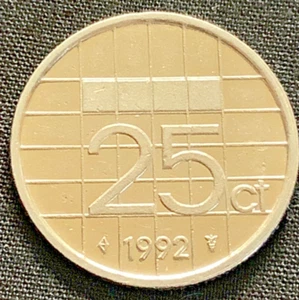 1992 25 Cent Coin Netherlands Holland Nederland Queen Beatrix Circulated  KM 204 - Picture 1 of 3
